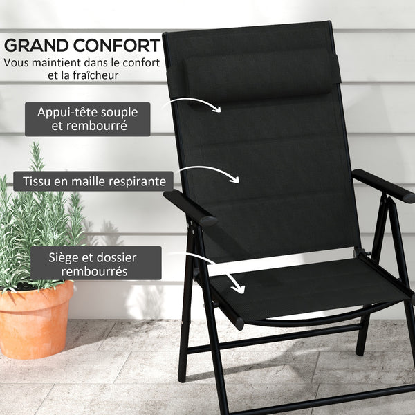 Lot de 2 chaises pliantes Chaises de jardin avec appui-tête, accoudoirs et structure en aluminium Capacité de charge de 130 kg pour la terrasse 54x67x108 cm Noir