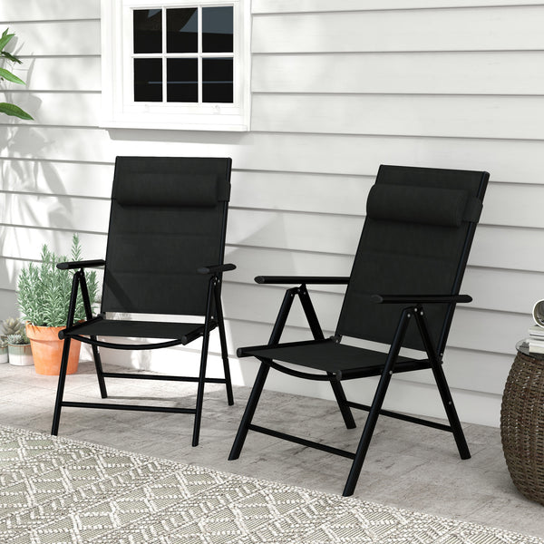 Lot de 2 chaises pliantes Chaises de jardin avec appui-tête, accoudoirs et structure en aluminium Capacité de charge de 130 kg pour la terrasse 54x67x108 cm Noir