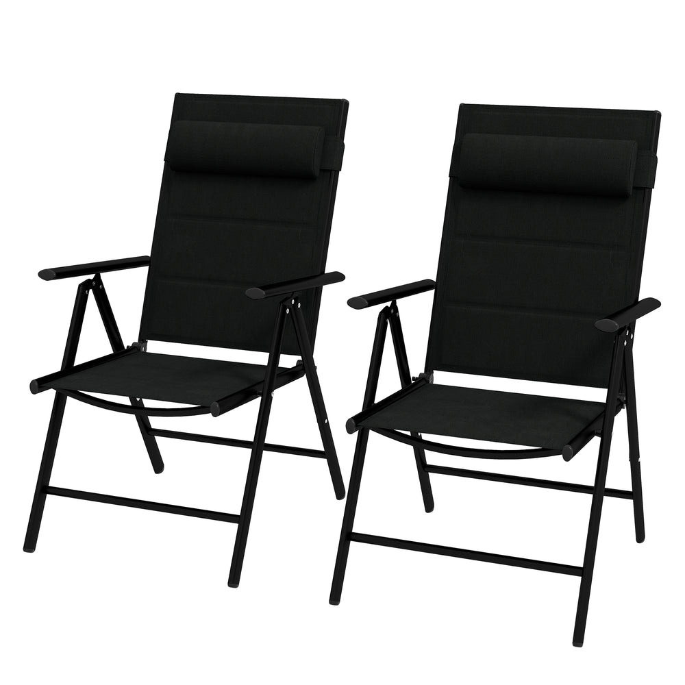 Lot de 2 chaises pliantes Chaises de jardin avec appui-tête, accoudoirs et structure en aluminium Capacité de charge de 130 kg pour la terrasse 54x67x108 cm Noir