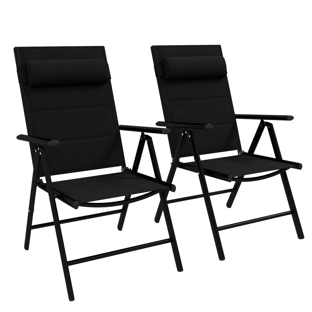 Lot de 2 chaises pliantes Chaises de jardin avec appui-tête, accoudoirs et structure en aluminium Capacité de charge de 130 kg pour la terrasse 54x67x108 cm Noir
