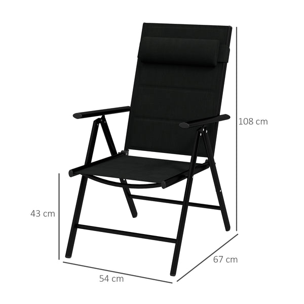 Lot de 2 chaises pliantes Chaises de jardin avec appui-tête, accoudoirs et structure en aluminium Capacité de charge de 130 kg pour la terrasse 54x67x108 cm Noir