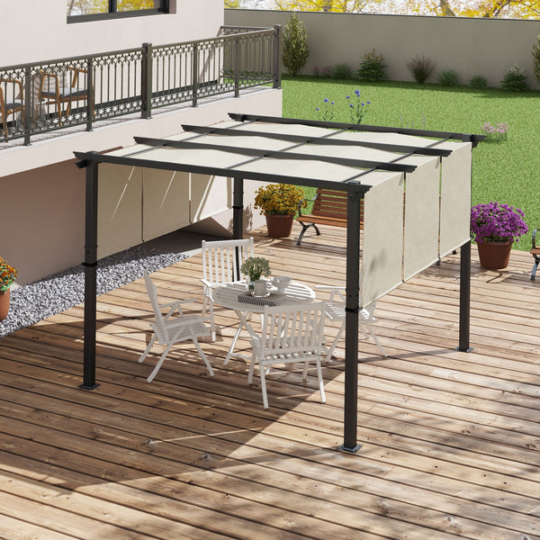 Pergola avec 3 toiles coulissantes 3 x 3 x 2,38 m structure acier noir toile polyester haute densité beige