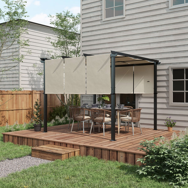 Pergola avec 3 toiles coulissantes 3 x 3 x 2,38 m structure acier noir toile polyester haute densité beige