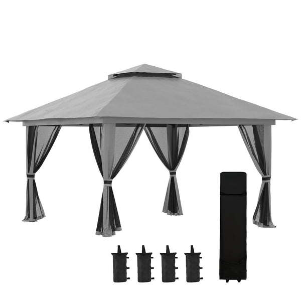 Tonnelle de jardin extérieur barnum de jardin pop-up tente pliant 4 x 4 m double toit protection UV 50+ 4 moustiquaires, 4 sacs de sable, 1 sac de transport tissu Oxford métal gris