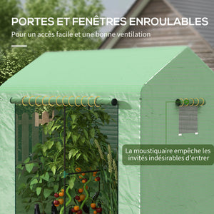 Serre de jardin PE, serre de balcon, bâche renforcée 135 g/m², châssis en acier, porte zippée enroulable, pour légumes plantes fleurs, intérieur et extérieur, 200 x 140 x 200 cm, vert