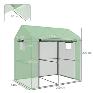 Serre de jardin PE, serre de balcon, bâche renforcée 135 g/m², châssis en acier, porte zippée enroulable, pour légumes plantes fleurs, intérieur et extérieur, 200 x 140 x 200 cm, vert