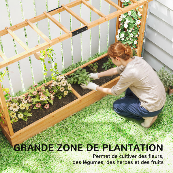 Jardinière Surélevée avec treillis Latéral et Supérieur, bac à fleurs, lit surélevé Trous de Drainage, pour plantes grimpantes, légumes, fleurs, extérieur, bois massif, bois naturel