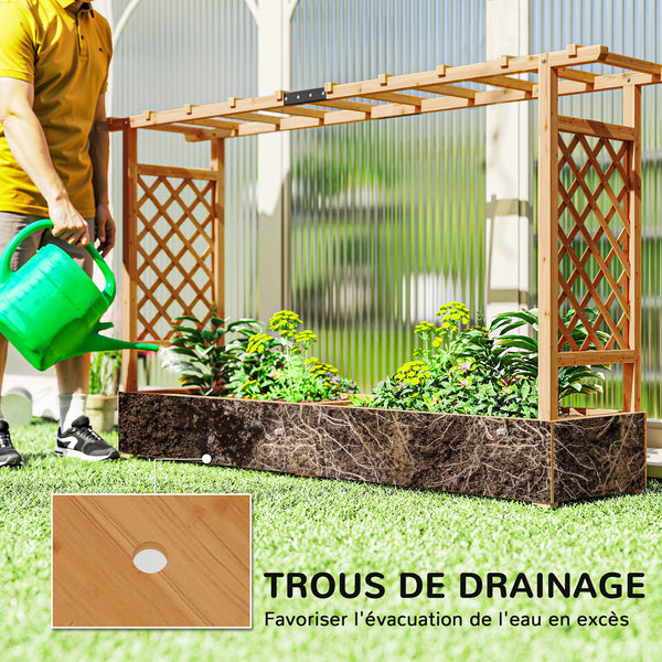 Jardinière Surélevée avec treillis Latéral et Supérieur, bac à fleurs, lit surélevé Trous de Drainage, pour plantes grimpantes, légumes, fleurs, extérieur, bois massif, bois naturel
