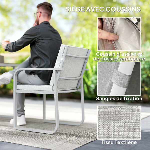 Salon de jardin extérieur 2 personnes, table de jardin extérieure avec 2 chaises, 4 coussins amovibles lavables, cadre en acier, table 72 cm, mobilier de jardin, terrasse, patio, gris