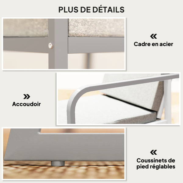 Salon de jardin extérieur 2 personnes, table de jardin extérieure avec 2 chaises, 4 coussins amovibles lavables, cadre en acier, table 72 cm, mobilier de jardin, terrasse, patio, gris