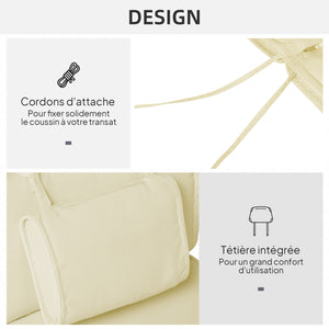 Coussin bain de soleil coussin chaise longue matelas transat déhoussable avec zippé, tétière, cordons d'attache, 198 x 53 x 5 cm, crème