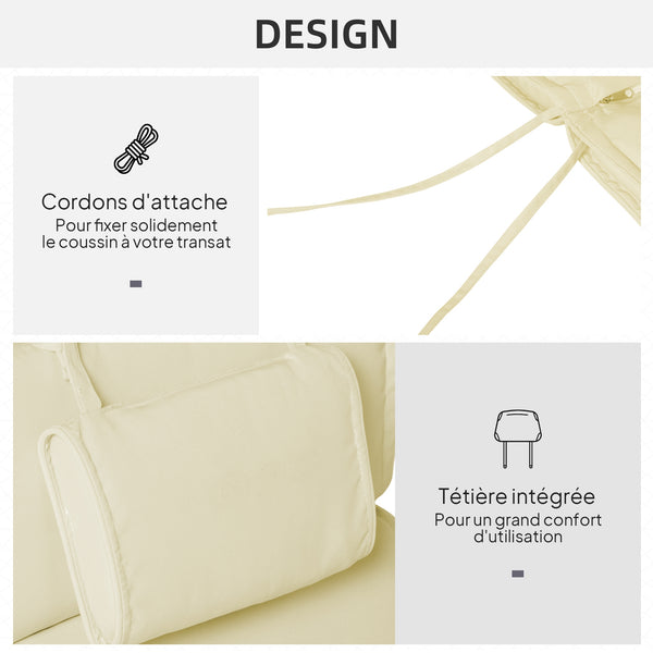 Coussin bain de soleil coussin chaise longue matelas transat déhoussable avec zippé, tétière, cordons d'attache, 198 x 53 x 5 cm, crème