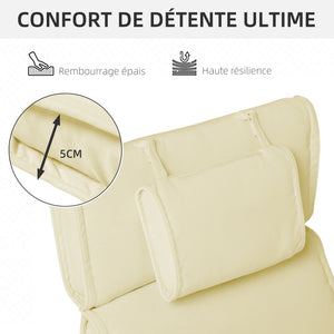 Coussin bain de soleil coussin chaise longue matelas transat déhoussable avec zippé, tétière, cordons d'attache, 198 x 53 x 5 cm, crème