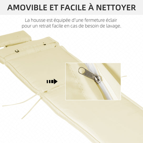 Coussin bain de soleil coussin chaise longue matelas transat déhoussable avec zippé, tétière, cordons d'attache, 198 x 53 x 5 cm, crème