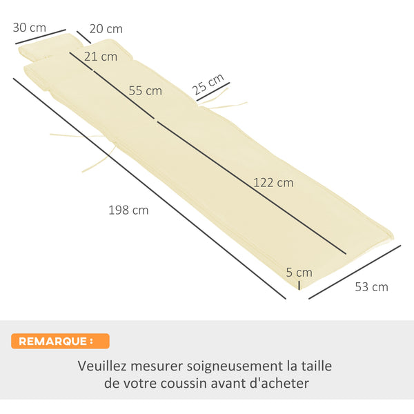 Coussin bain de soleil coussin chaise longue matelas transat déhoussable avec zippé, tétière, cordons d'attache, 198 x 53 x 5 cm, crème