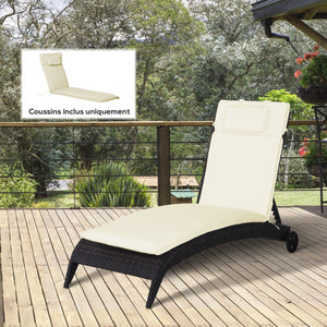 Coussin bain de soleil coussin chaise longue matelas transat déhoussable avec zippé, tétière, cordons d'attache, 198 x 53 x 5 cm, crème