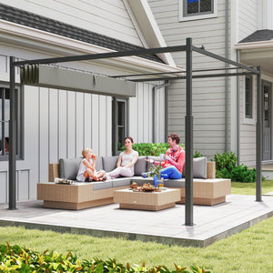 Pergola coulissante rétractable 3 x 3 m pergola jardin exterieur à fixation magnétique, tonnelle de jardin, polyester haute densité 180g/m², abri soleil UPF30+, pour terrasse, patio, gris
