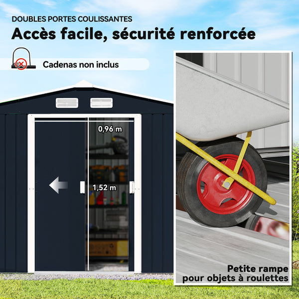 Abri de jardin en métal 5,4 m² cabane de jardin 277 x 195 x 192 cm cabanon rangement outils avec fondation, porte coulissante verrouillables et 4 aérations - gris foncé