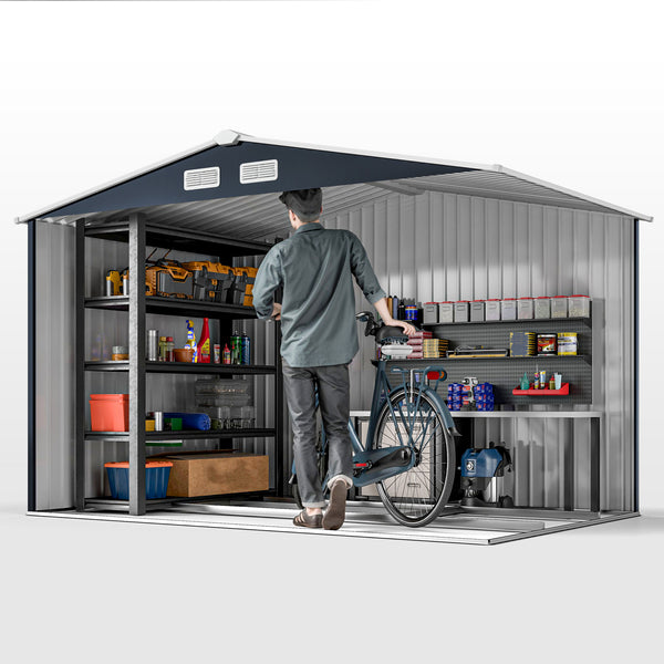 Abri de jardin en métal 5,4 m² cabane de jardin 277 x 195 x 192 cm cabanon rangement outils avec fondation, porte coulissante verrouillables et 4 aérations - gris foncé