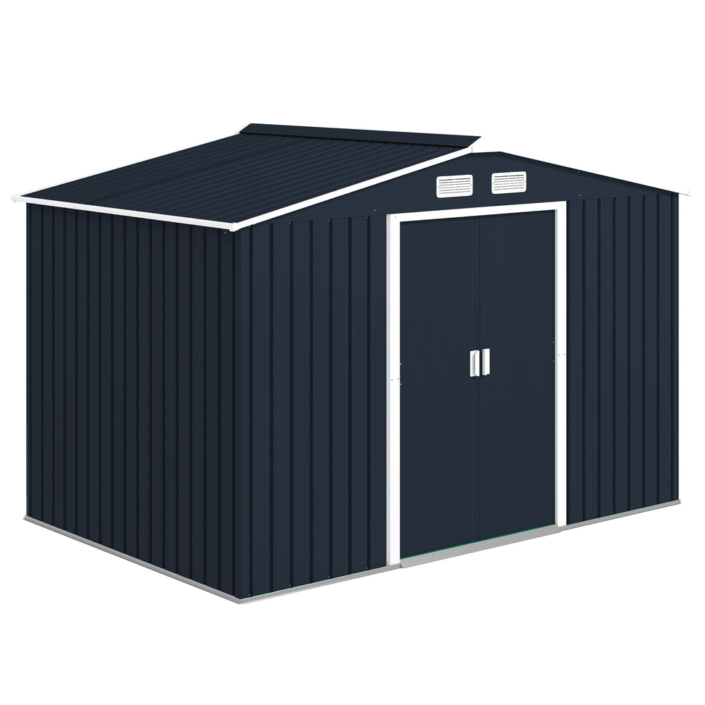 Abri de jardin en métal 5,4 m² cabane de jardin 277 x 195 x 192 cm cabanon rangement outils avec fondation, porte coulissante verrouillables et 4 aérations - gris foncé