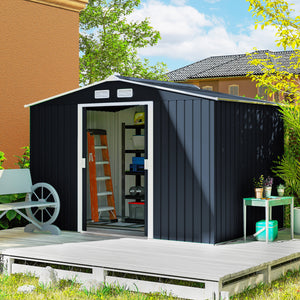 Abri de jardin en métal 5,4 m² cabane de jardin 277 x 195 x 192 cm cabanon rangement outils avec fondation, porte coulissante verrouillables et 4 aérations - gris foncé