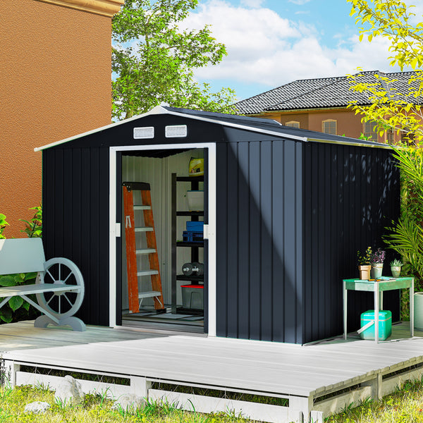 Abri de jardin en métal 5,4 m² cabane de jardin 277 x 195 x 192 cm cabanon rangement outils avec fondation, porte coulissante verrouillables et 4 aérations - gris foncé