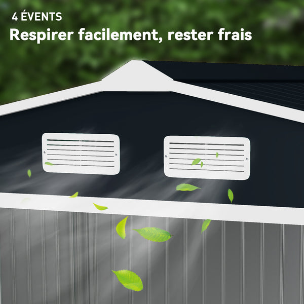 Abri de jardin en métal 5,4 m² cabane de jardin 277 x 195 x 192 cm cabanon rangement outils avec fondation, porte coulissante verrouillables et 4 aérations - gris foncé