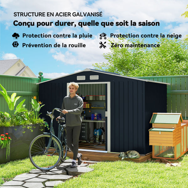 Abri de jardin en métal 5,4 m² cabane de jardin 277 x 195 x 192 cm cabanon rangement outils avec fondation, porte coulissante verrouillables et 4 aérations - gris foncé