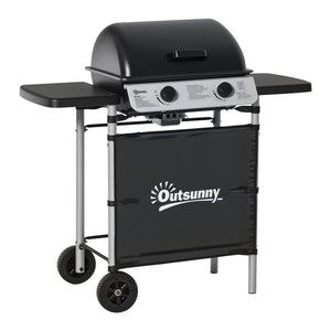 Barbecue gaz 2 brûleurs en acier inoxydable, puissance 2,8 kW, barbecue de jardin 2 grilles en chromé, 2 étagères latérales, 2 roues, pour camping, balcon et terrasse, noir