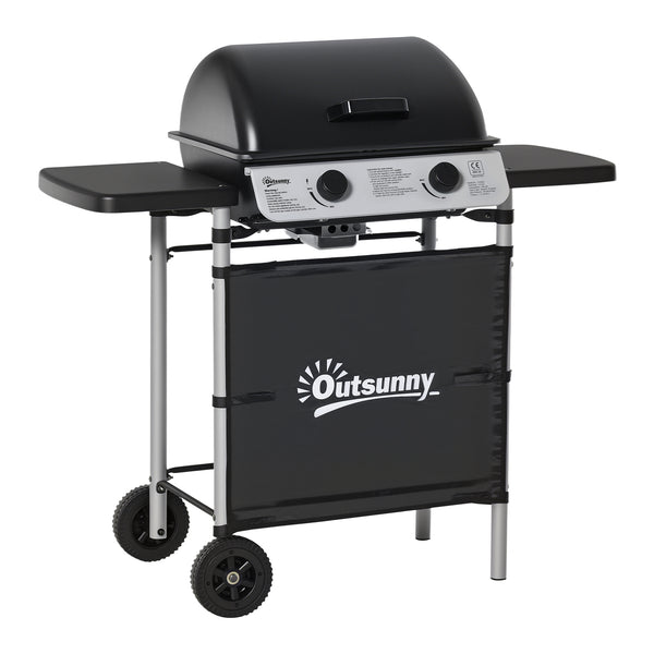 Barbecue gaz 2 brûleurs en acier inoxydable, puissance 2,8 kW, barbecue de jardin 2 grilles en chromé, 2 étagères latérales, 2 roues, pour camping, balcon et terrasse, noir