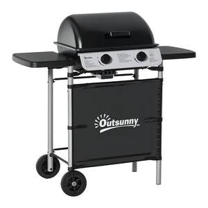 Barbecue gaz 2 brûleurs en acier inoxydable, puissance 2,8 kW, barbecue de jardin 2 grilles en chromé, 2 étagères latérales, 2 roues, pour camping, balcon et terrasse, noir