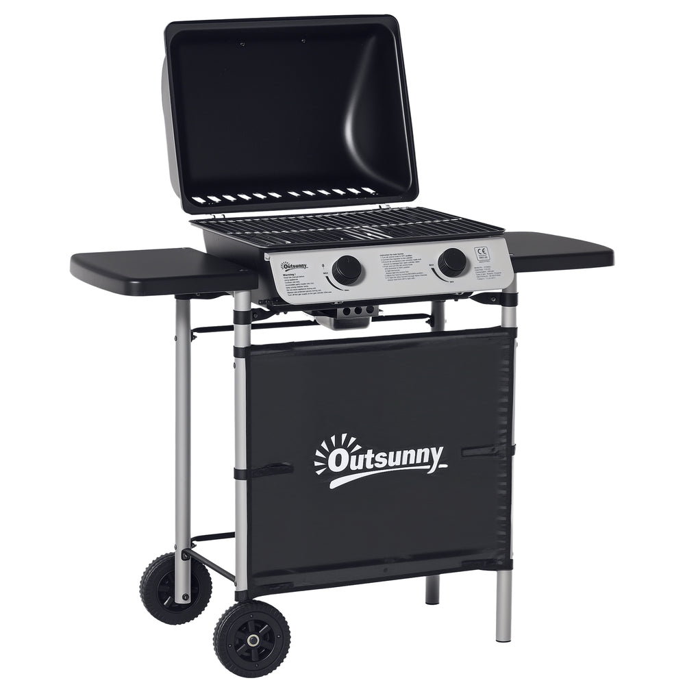 Barbecue gaz 2 brûleurs en acier inoxydable, puissance 2,8 kW, barbecue de jardin 2 grilles en chromé, 2 étagères latérales, 2 roues, pour camping, balcon et terrasse, noir