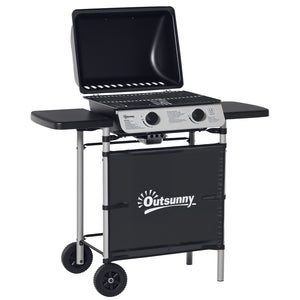 Barbecue gaz 2 brûleurs en acier inoxydable, puissance 2,8 kW, barbecue de jardin 2 grilles en chromé, 2 étagères latérales, 2 roues, pour camping, balcon et terrasse, noir