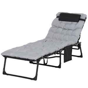 Bain de soleil, chaise longue pliante avec coussin, appuie-tête, poche latérale, textilène, transat jardin extérieur inclinable de plage camping piscine terrasse 58 x 189 x 32,5 cm gris clair
