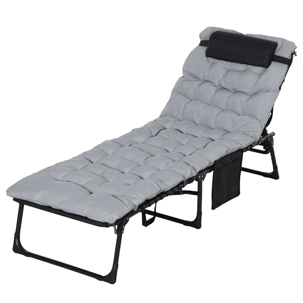 Bain de soleil, chaise longue pliante avec coussin, appuie-tête, poche latérale, textilène, transat jardin extérieur inclinable de plage camping piscine terrasse 58 x 189 x 32,5 cm gris clair