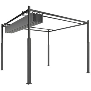 Pergola coulissante rétractable 3 x 3 m pergola jardin exterieur à fixation magnétique, tonnelle de jardin, polyester haute densité 180g/m², abri soleil UPF30+, pour terrasse, patio, gris