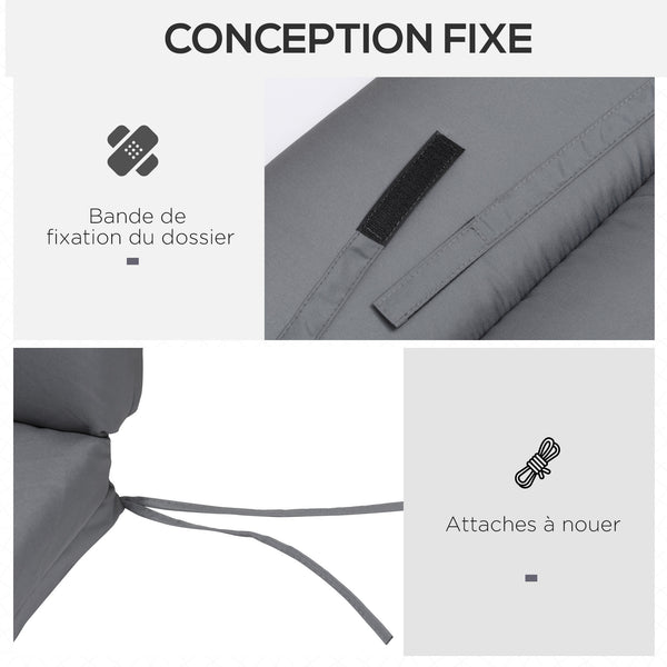Coussins de chaise longue coussin bain de soleil - épais, confortable et rembourré - matelas transat avec 2 attaches, polyester 180 g/m², 196 x 55 x 8 cm, gris foncé