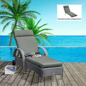 Coussins de chaise longue coussin bain de soleil - épais, confortable et rembourré - matelas transat avec 2 attaches, polyester 180 g/m², 196 x 55 x 8 cm, gris foncé