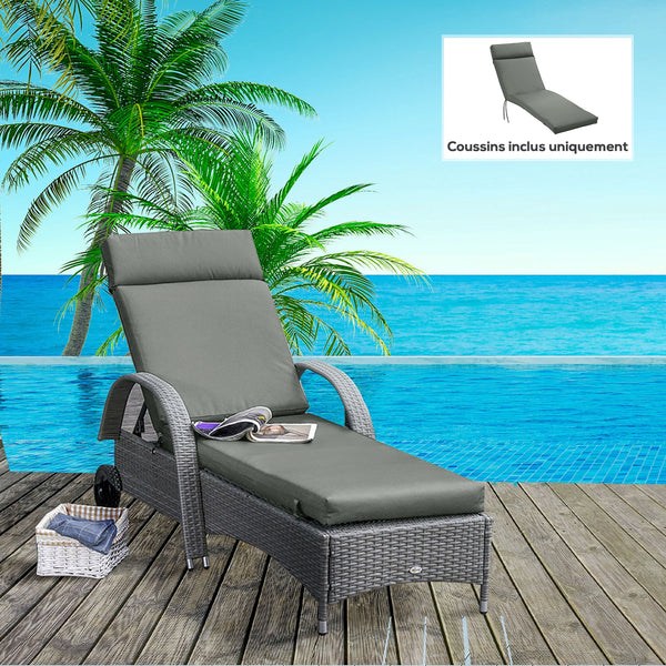 Coussins de chaise longue coussin bain de soleil - épais, confortable et rembourré - matelas transat avec 2 attaches, polyester 180 g/m², 196 x 55 x 8 cm, gris foncé