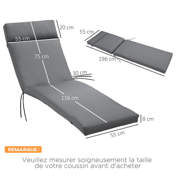Coussins de chaise longue coussin bain de soleil - épais, confortable et rembourré - matelas transat avec 2 attaches, polyester 180 g/m², 196 x 55 x 8 cm, gris foncé