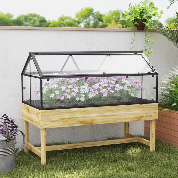 Mini Serre sur Pieds - jardinière surélevée - dim.  120L x 60l x 103H cm - double toit ouvrable Panneaux de Polycarbonate, acier, Bois Sapin traité