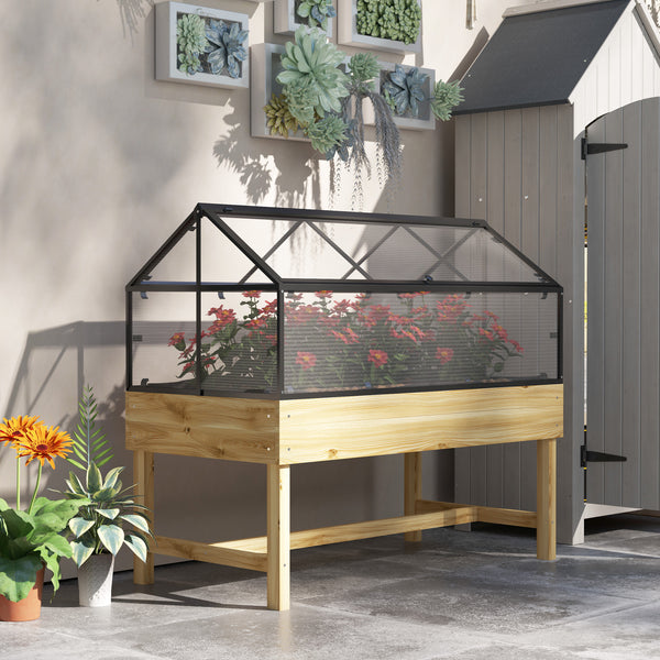 Mini Serre sur Pieds - jardinière surélevée - dim.  120L x 60l x 103H cm - double toit ouvrable Panneaux de Polycarbonate, acier, Bois Sapin traité