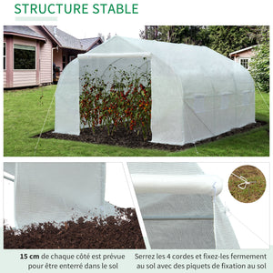 Serre Tunnel de Jardin 13,31 m² dim. 4,5L x 3l x 2H m Porte + 6 fenêtres enroulables Acier galvanisé bâche PE Haute densité Blanc