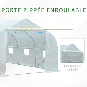 Serre Tunnel de Jardin 13,31 m² dim. 4,5L x 3l x 2H m Porte + 6 fenêtres enroulables Acier galvanisé bâche PE Haute densité Blanc