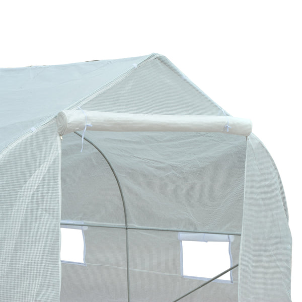 Serre Tunnel de Jardin 13,31 m² dim. 4,5L x 3l x 2H m Porte + 6 fenêtres enroulables Acier galvanisé bâche PE Haute densité Blanc