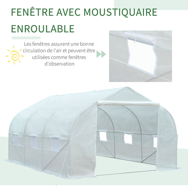 Serre Tunnel de Jardin 13,31 m² dim. 4,5L x 3l x 2H m Porte + 6 fenêtres enroulables Acier galvanisé bâche PE Haute densité Blanc
