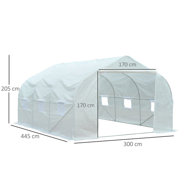 Serre Tunnel de Jardin 13,31 m² dim. 4,5L x 3l x 2H m Porte + 6 fenêtres enroulables Acier galvanisé bâche PE Haute densité Blanc