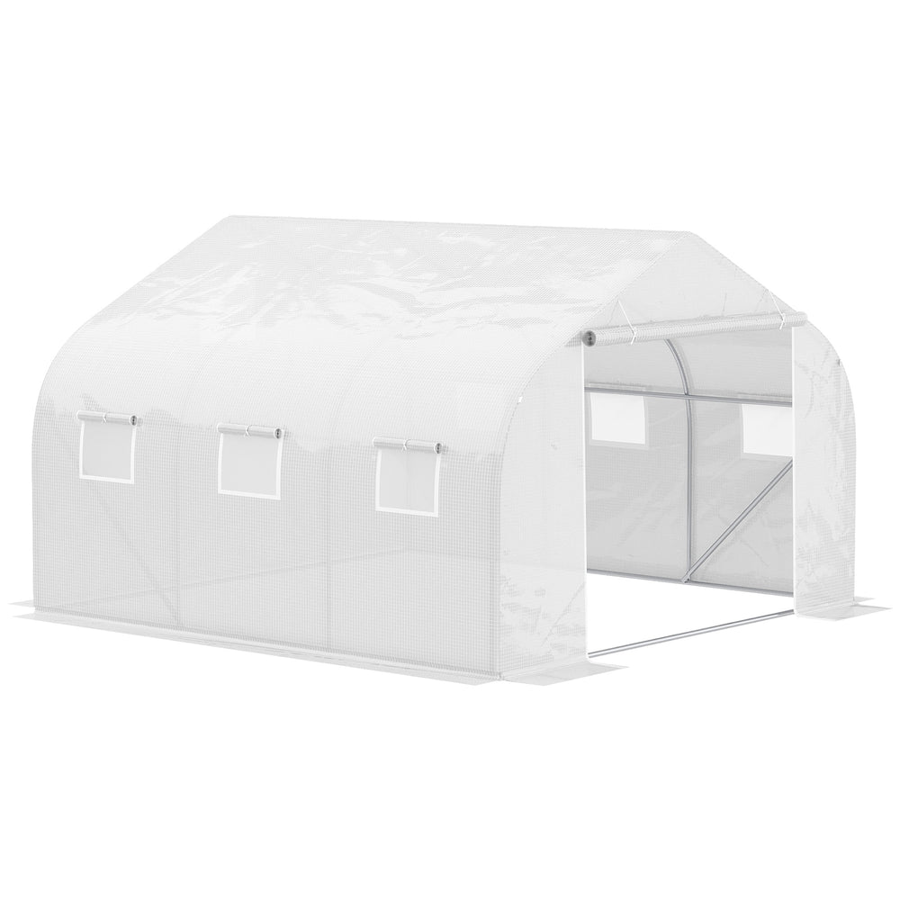 Serre Tunnel de Jardin 13,31 m² dim. 4,5L x 3l x 2H m Porte + 6 fenêtres enroulables Acier galvanisé bâche PE Haute densité Blanc