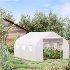Serre Tunnel de Jardin 13,31 m² dim. 4,5L x 3l x 2H m Porte + 6 fenêtres enroulables Acier galvanisé bâche PE Haute densité Blanc