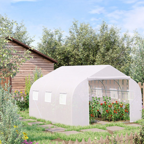 Serre Tunnel de Jardin 13,31 m² dim. 4,5L x 3l x 2H m Porte + 6 fenêtres enroulables Acier galvanisé bâche PE Haute densité Blanc